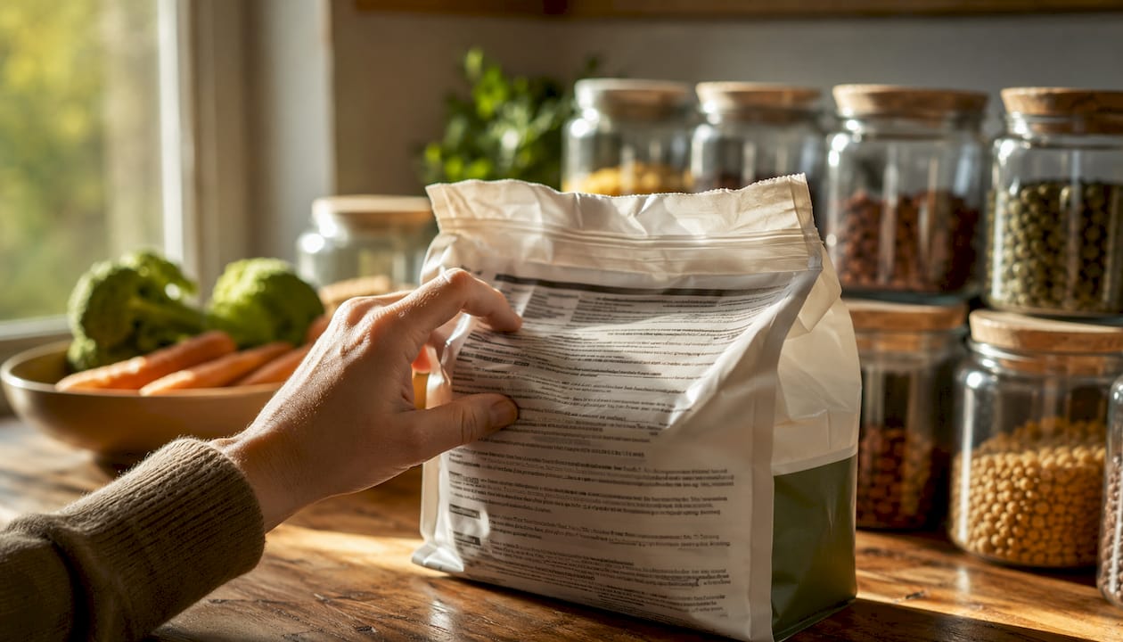 Hænder, der nøje gennemgår ingredienslisten på hundemaden