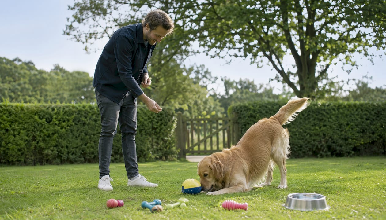 En mand leger med sin hund udendørs med forskellige aktivitetslegetøj.