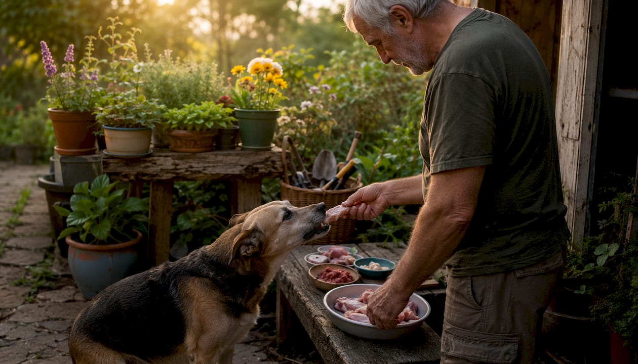 En mand giver sin hund en rå kyllingevinge udenfor