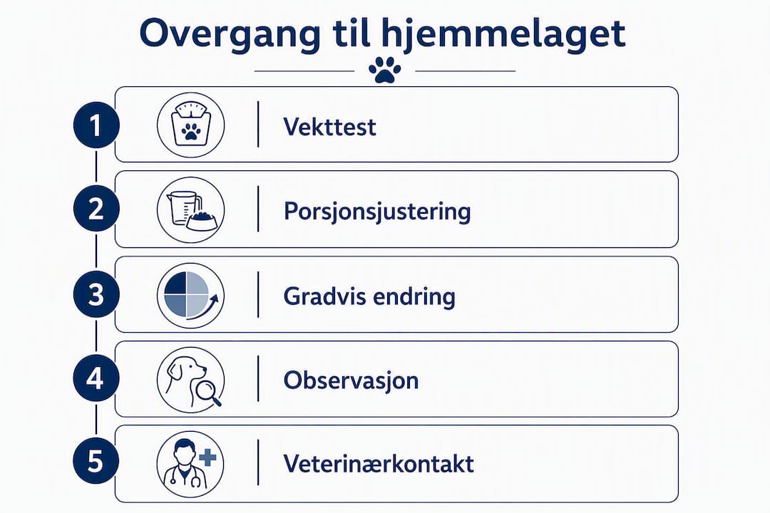 Illustrasjon som viser steg-for-steg hvordan du trygt kan gå over til å lage hundemat selv hjemme