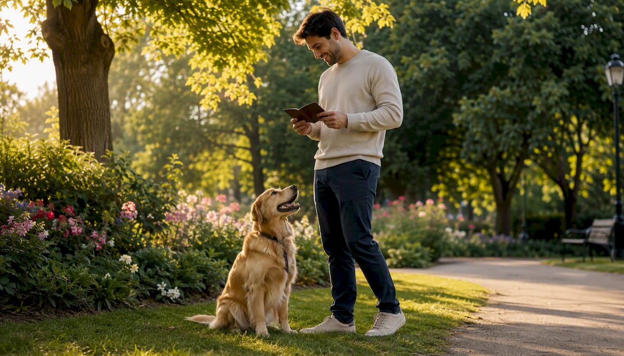 En hundeejer, der går tur med sin hund i parken og virkelig har styr på udstyr og pleje – man kan tydeligt se, at det er en hund, der bliver forkælet.