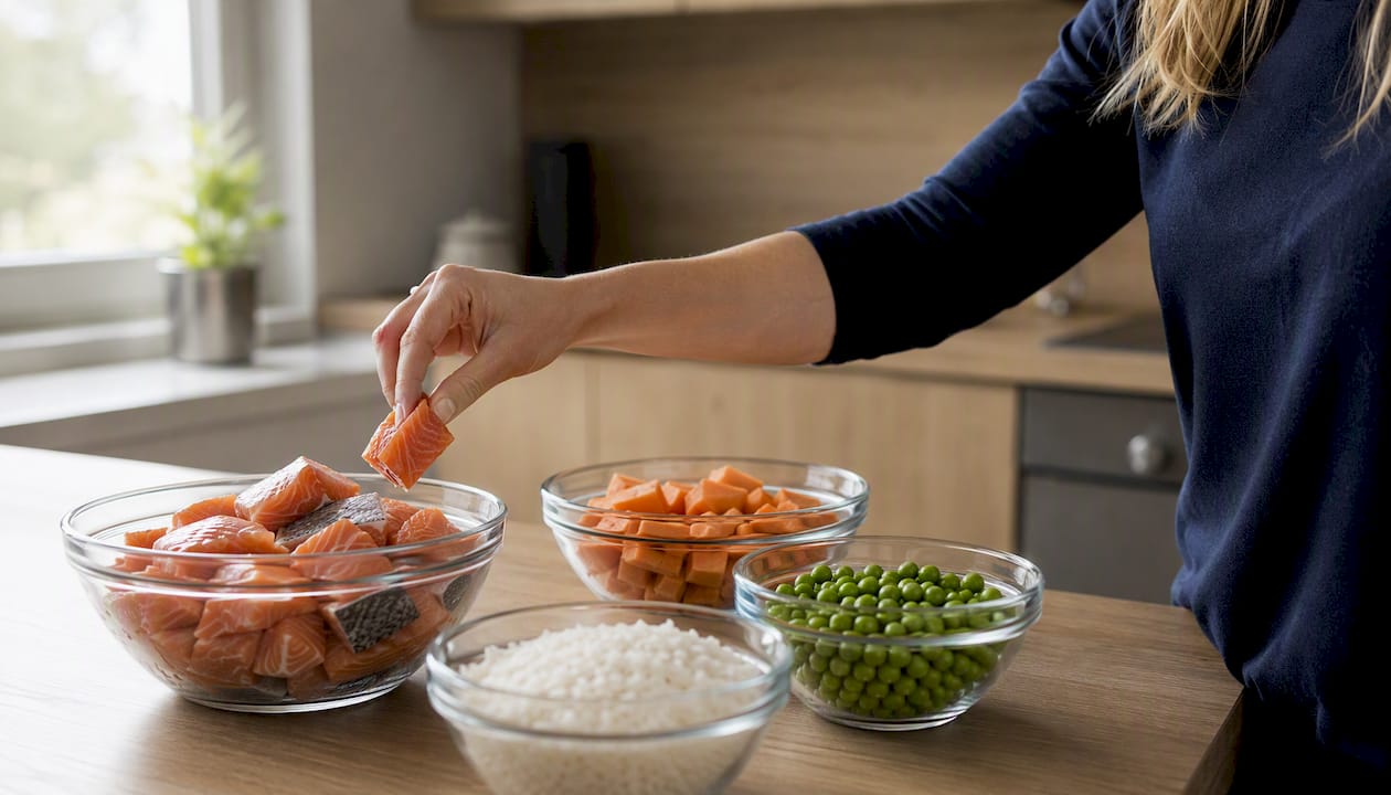 Detaljbilde av sunne og allergivennlige råvarer til hundemat