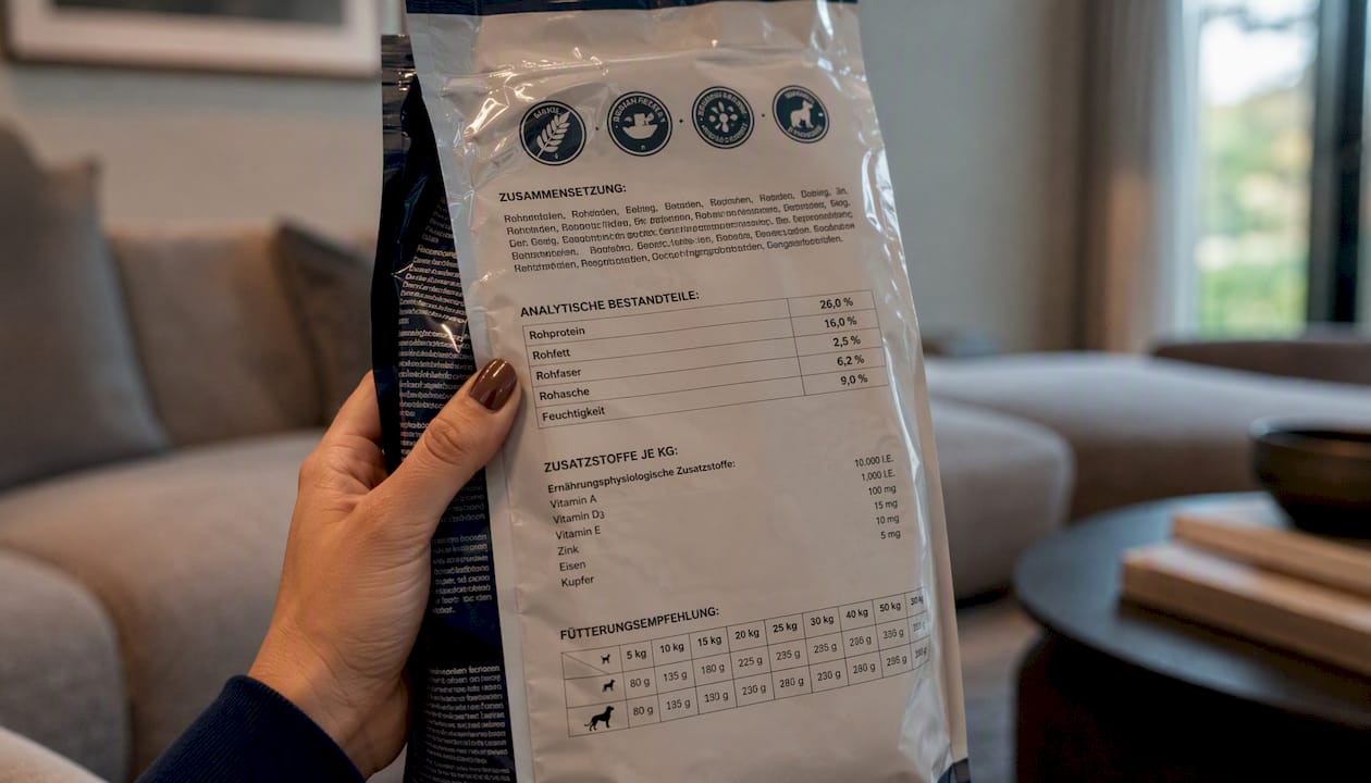 Detaljbilde av en hånd som holder en etikett for naturlig hundemat