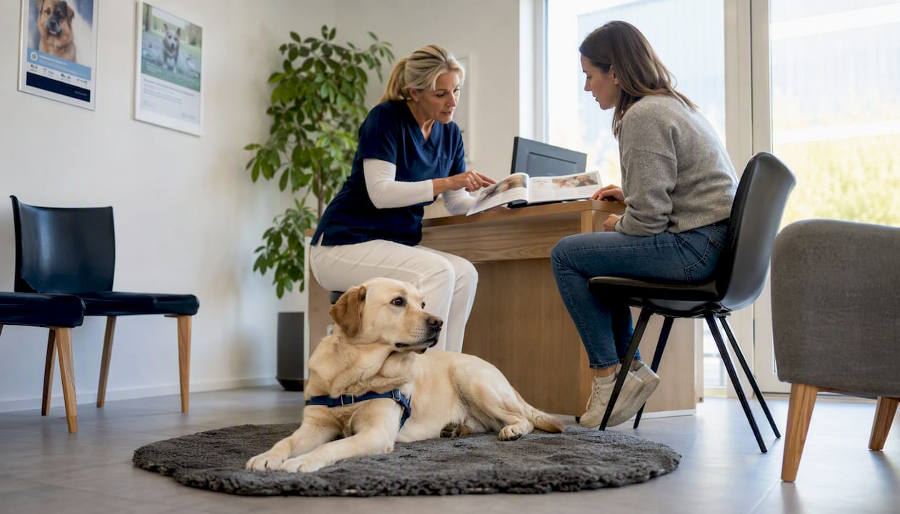 En veterinær gir råd til hundeeieren om å bytte fôr, og forklarer hvilke alternativer som kan passe bedre for hunden.