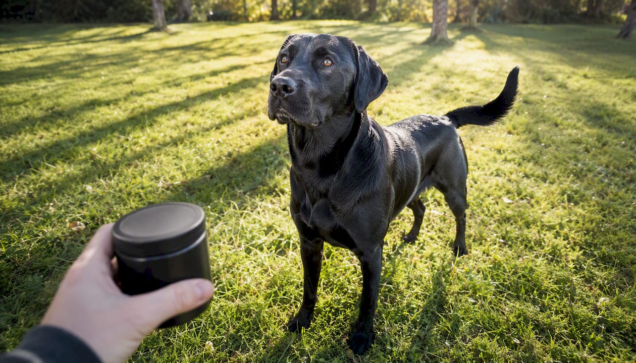 En glad, sort labrador med blank pels løber rundt i haven.