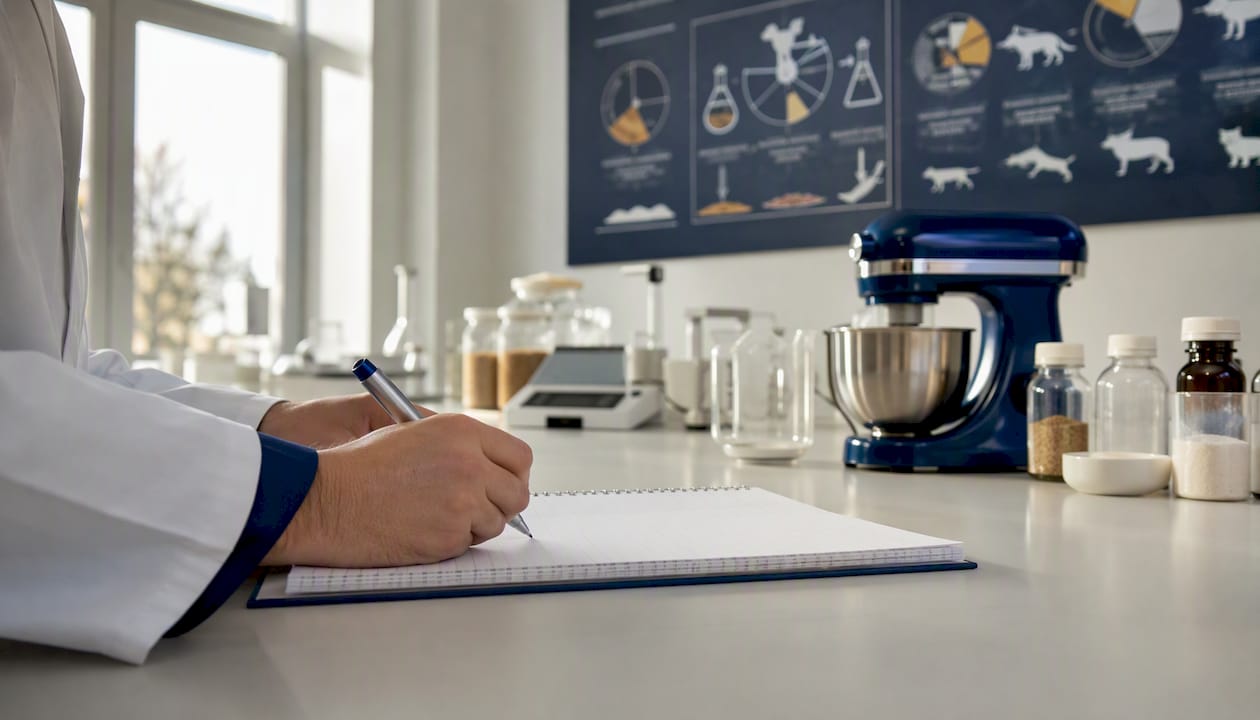 Hender som noterer under gjennomgang av ulike typer fôr