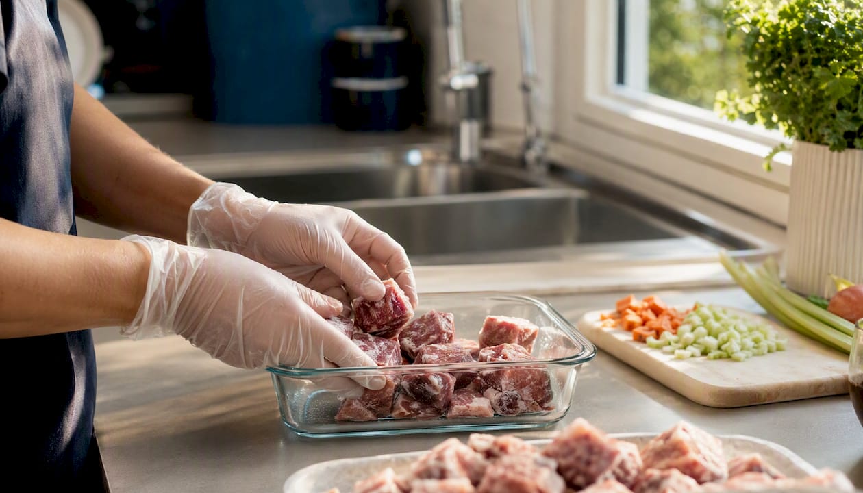 Hender som håndterer rå hundemat på en trygg måte