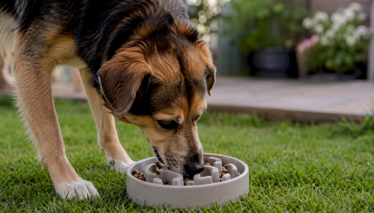Hund nyder sin mad fra en slow feeder-skål ude i haven