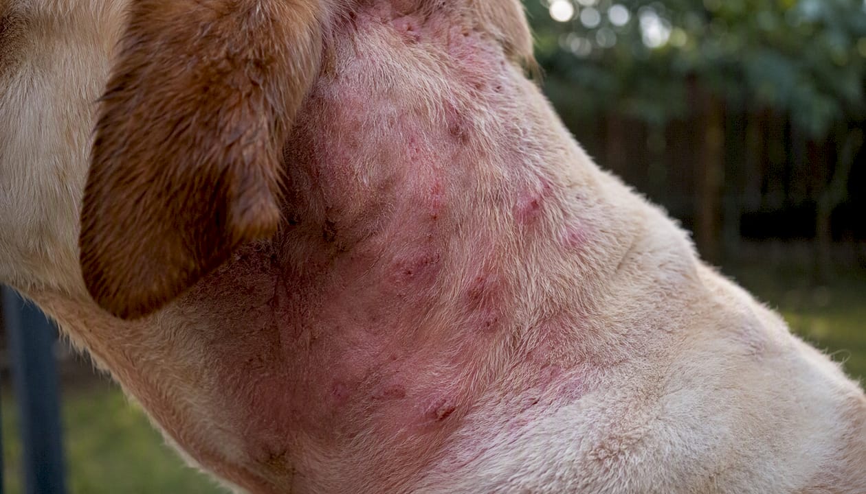 Nærbilde av hudproblemer hos hund – typiske symptomer på allergi