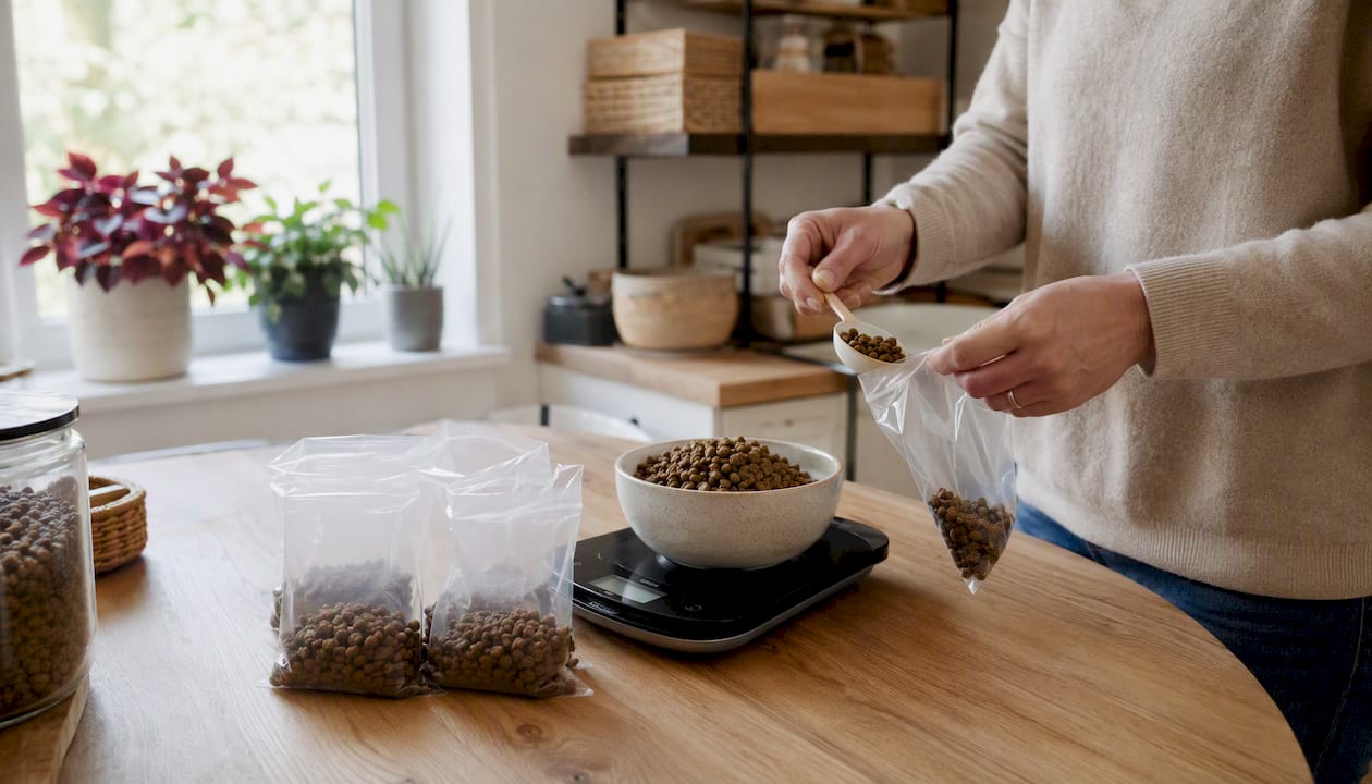 Jeg pakker dagens portioner af hundefoder i små poser, så det er nemt at give den rigtige mængde hver dag.