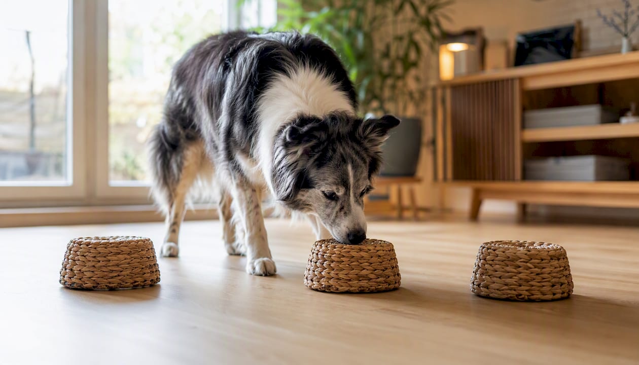 En eldre hund koser seg med luktespill og bruker nesa for å finne godbiter.