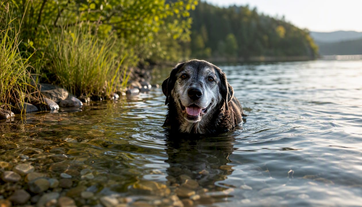 En eldre hund rusler rolig ut i vannkanten og nyter den stille innsjøen.