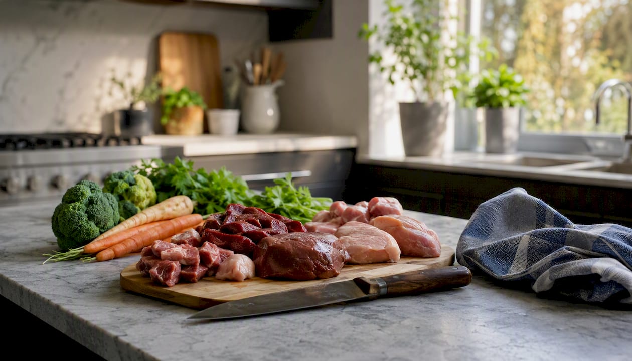 Skjærebrett med ingredienser klare til å lage hjemmelaget hundemat