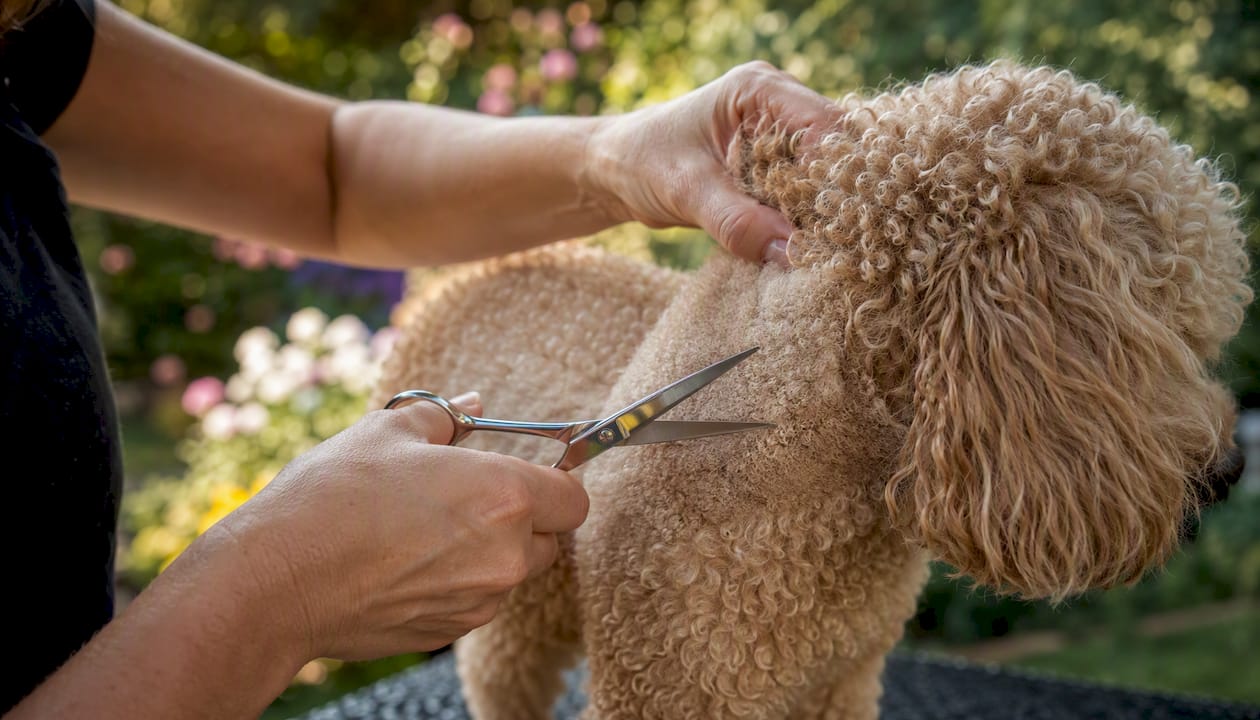 En hund med krøllet pels bliver klippet udenfor i haven.