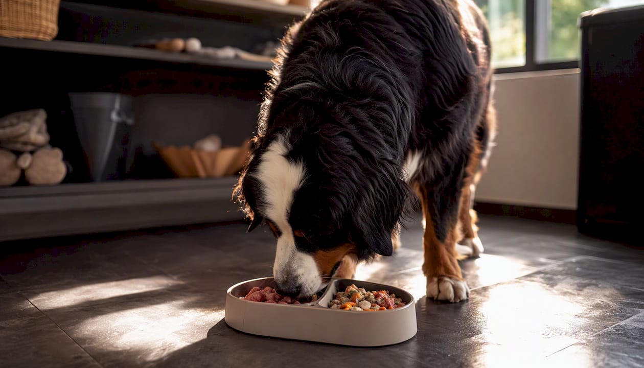 En stor hund står og spiser af en opdelt madskål.