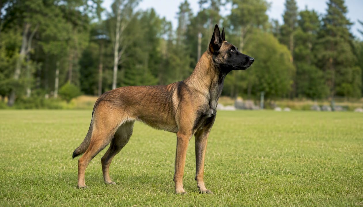 En belgisk malinois står oppmerksom og lydig ute i naturen, klar til å følge førerens kommandoer.