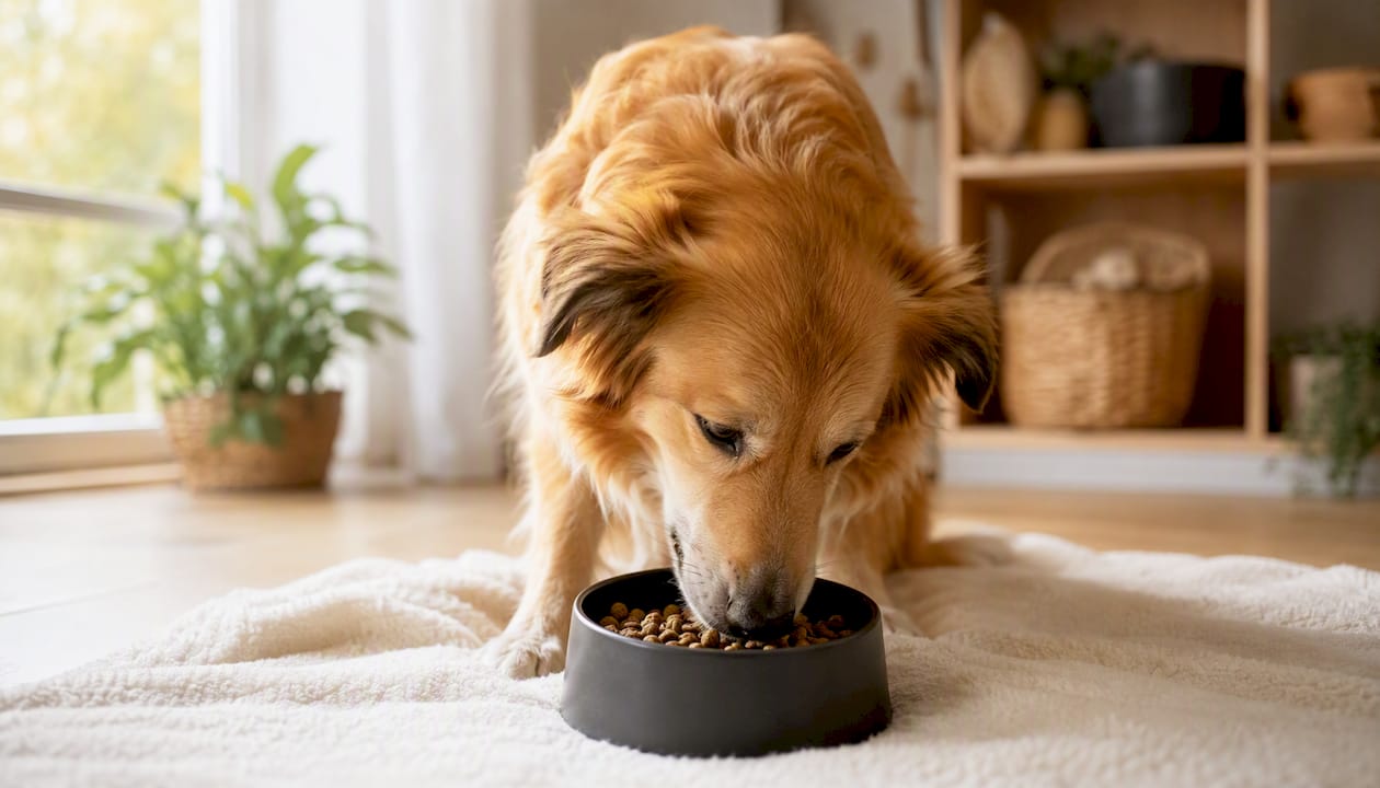 En hund nyder sin beroligende foder fra skålen.