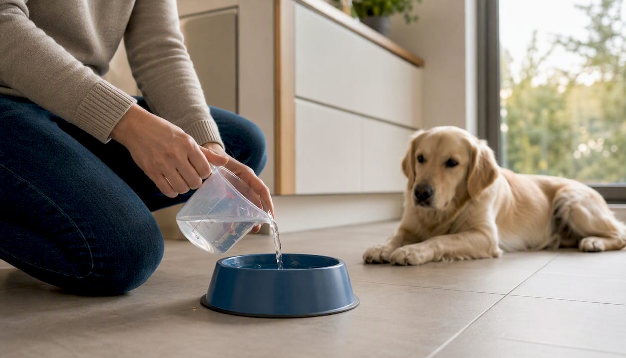 Noen hender heller forsiktig vann til hunden så den får drikke.