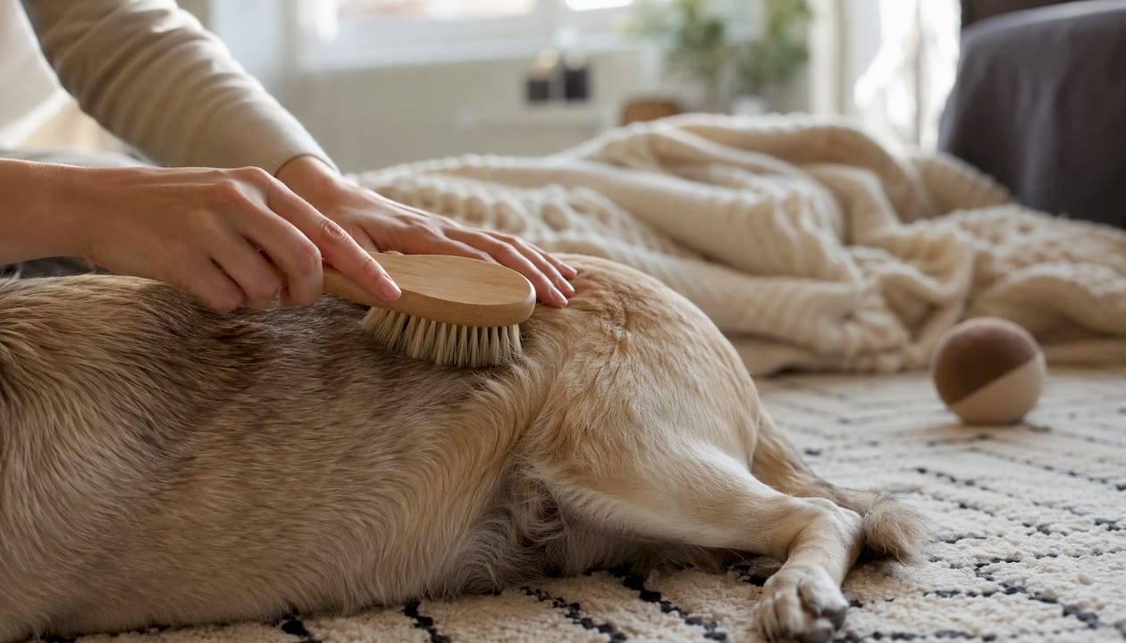 Ejeren sidder indenfor og nusser sin afslappede hund med en blid børste.