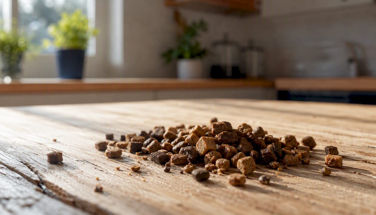 Nærbilde av valpefôr med ekstra høyt proteininnhold