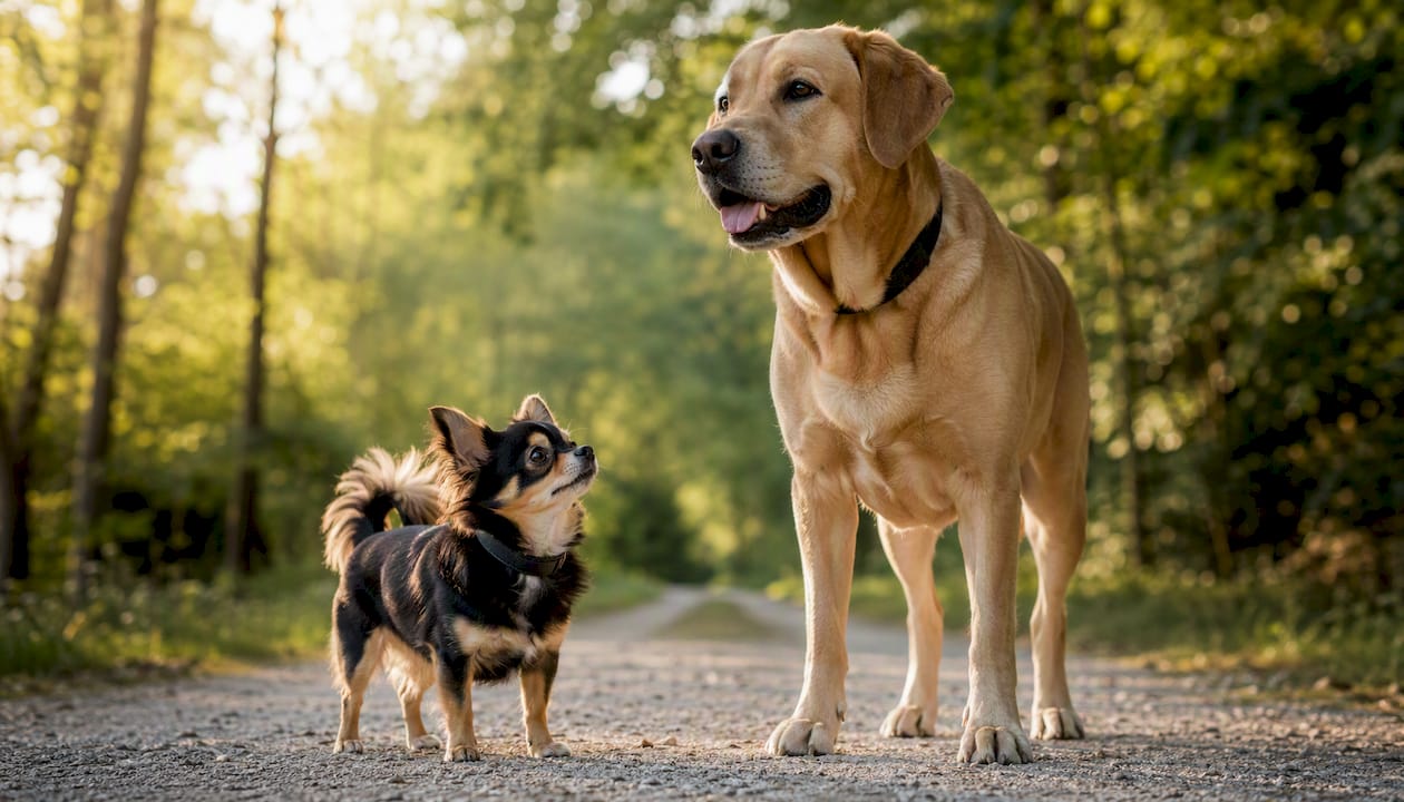 Side om side ute i naturen står en liten og en stor hund – begge sett fra siden.