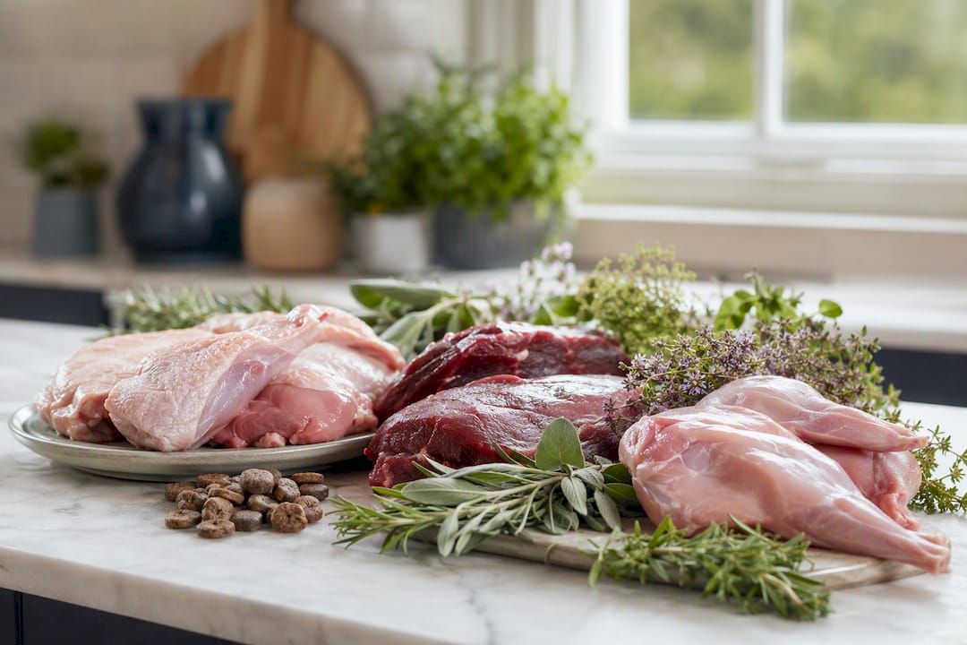 Nærbilde av ingrediensene i hundemat med nye proteinkilder