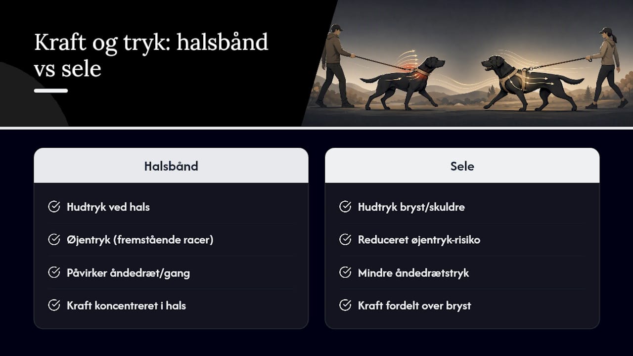 Diagram der sammenligner trykfordelingen mellem halsbånd og seler