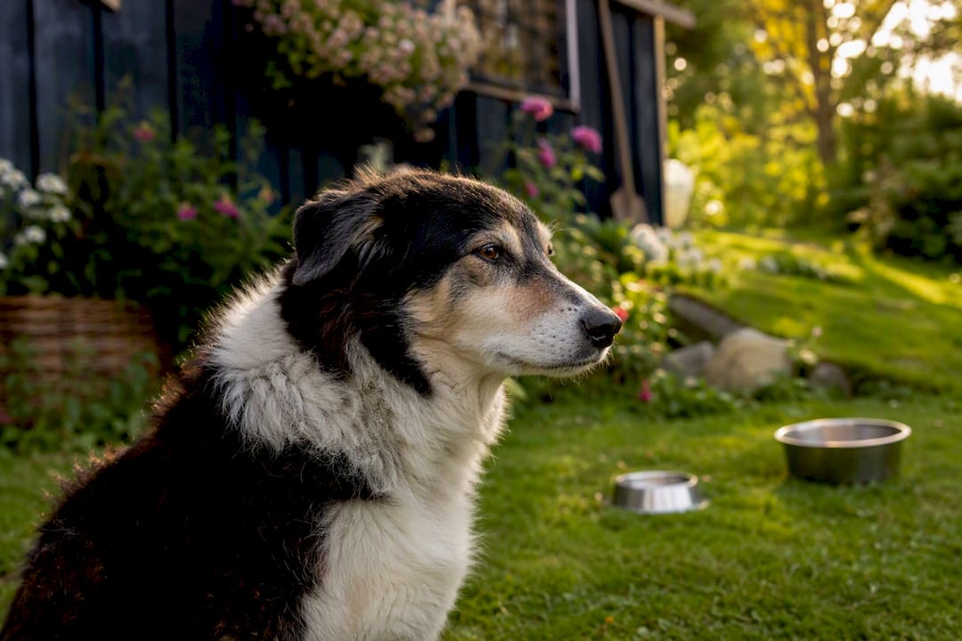 Voksen hund som sitter ute med lett ubehag