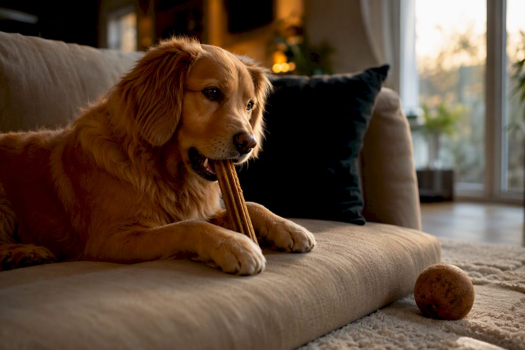 Hund nyder langsomt en tandrensestang indendørs