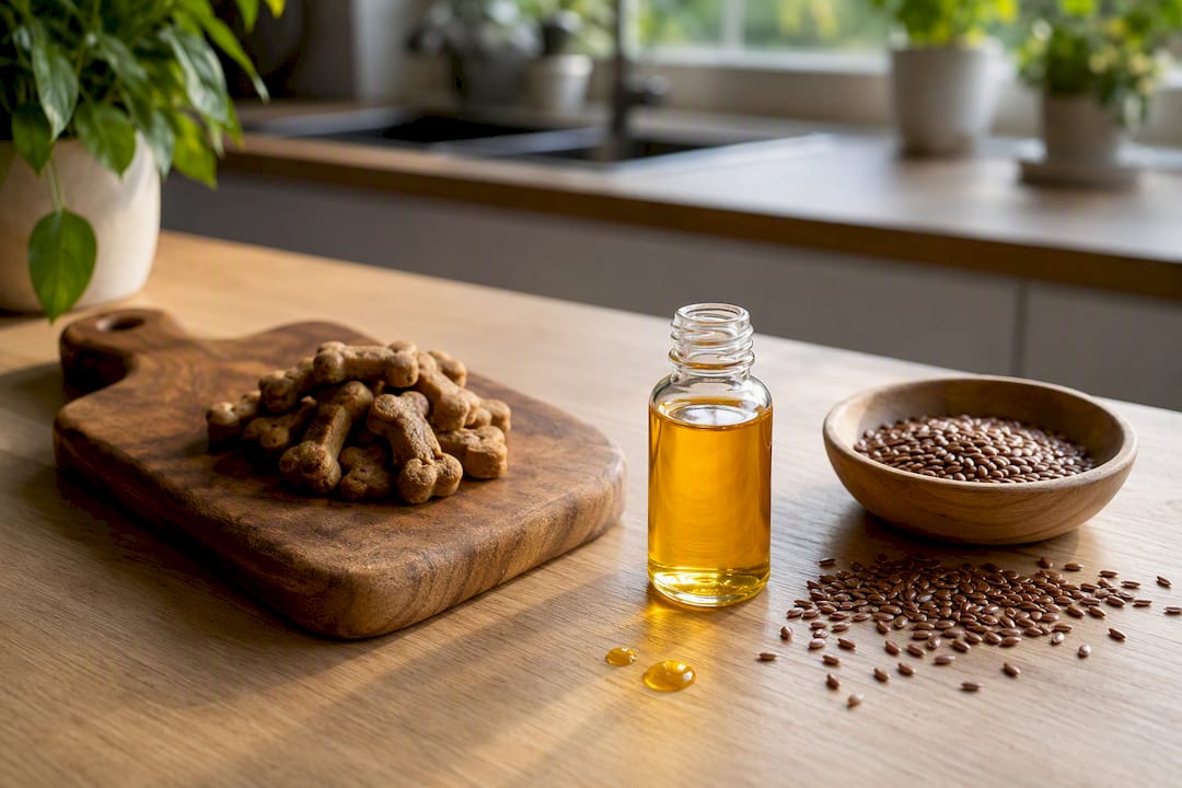 Fiskeolje og ingredienser for en sunn hundepels