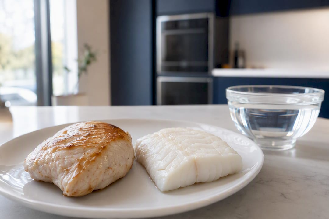 Kokte biter av magert kylling og fisk til hunder