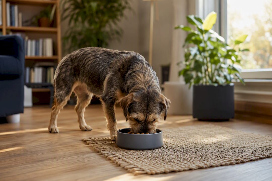 Hund spiser hypoallergent fôr fra matskål
