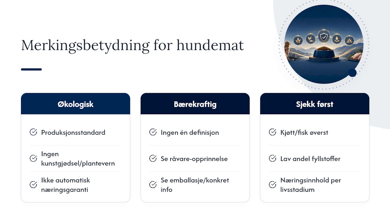 Merking og sertifiseringer: hva betyr økologisk og bærekraftig på hundematen? — overview diagram