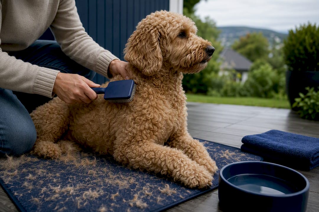 Hund blir børstet ute på stellmatte