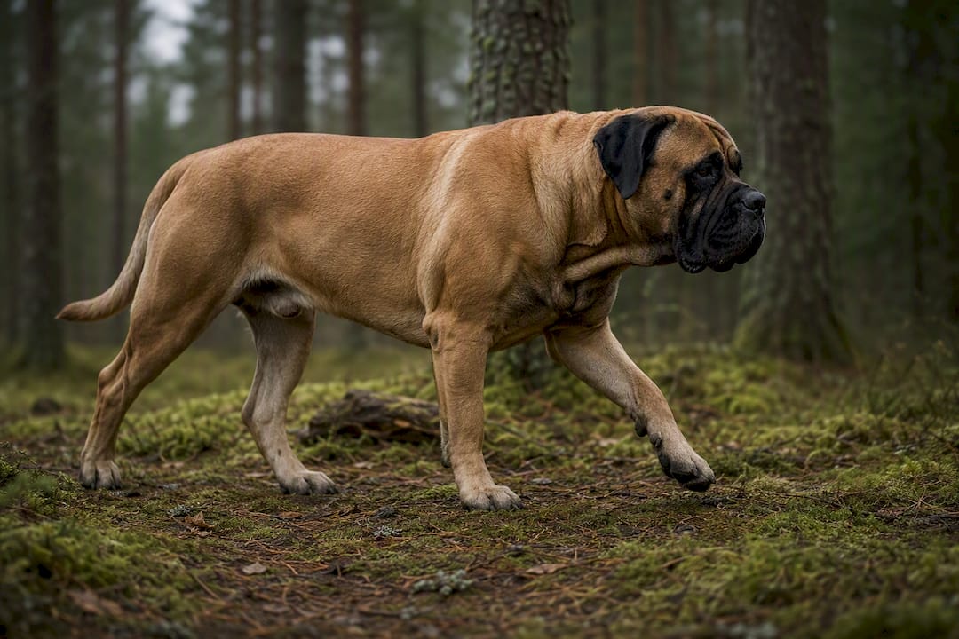 Stor hund rusler rolig på en myk skogssti