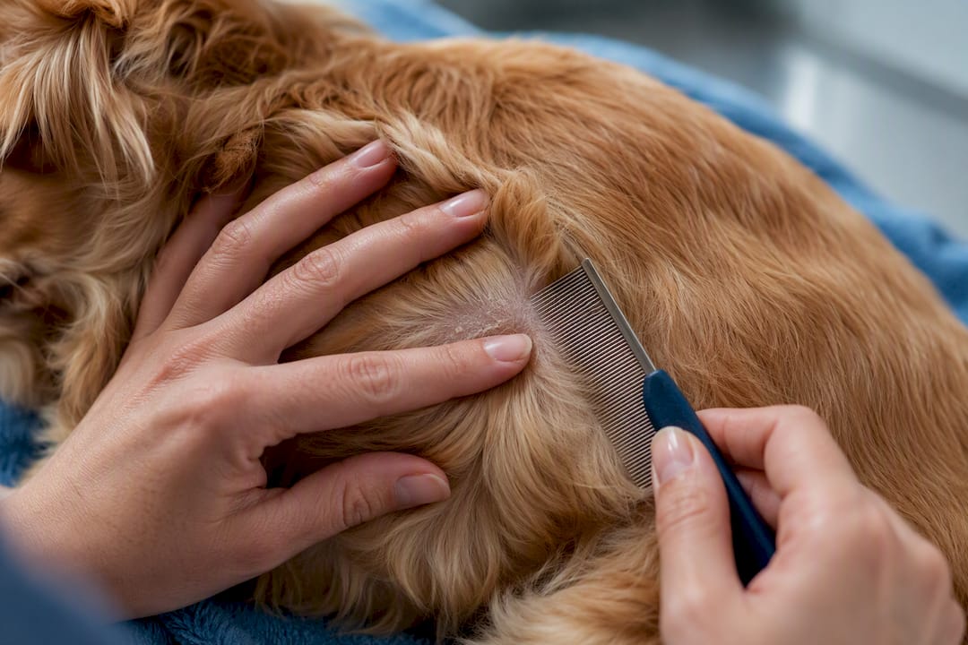 Veterinær undersøker hundens tørre hud