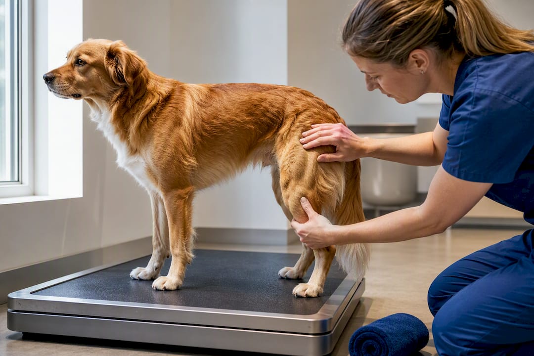Hund blir veid og sjekket for muskeltap