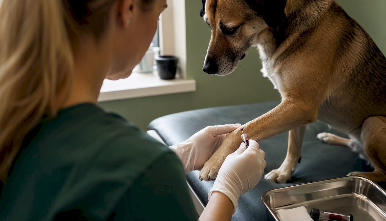 Dyrlægen tager en blodprøve fra hunden