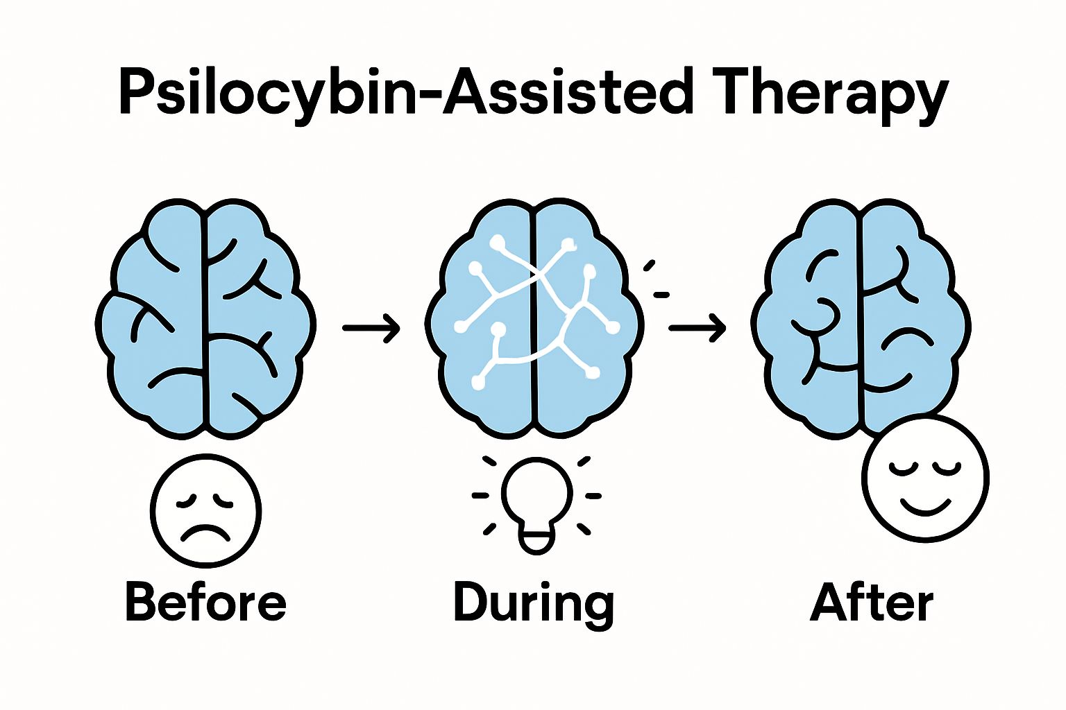 Three-panel infographic showing brain changes before, during, and after psilocybin therapy