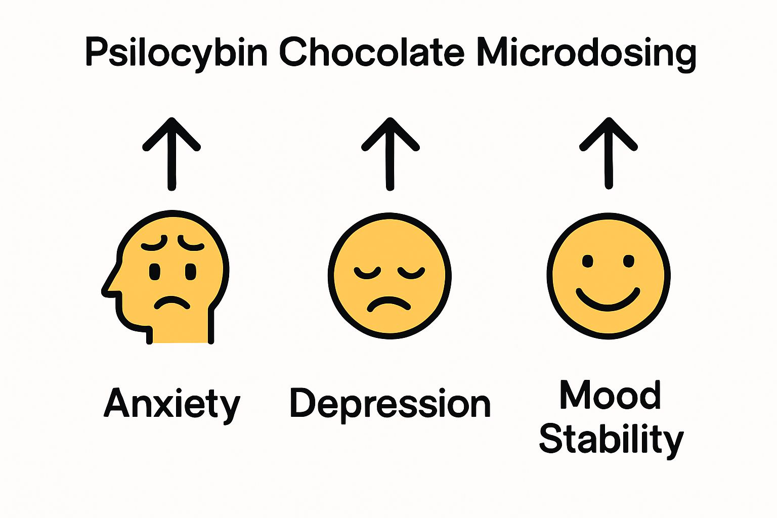 Infographic of anxiety, depression, and mood icons showing improvement with psilocybin chocolate