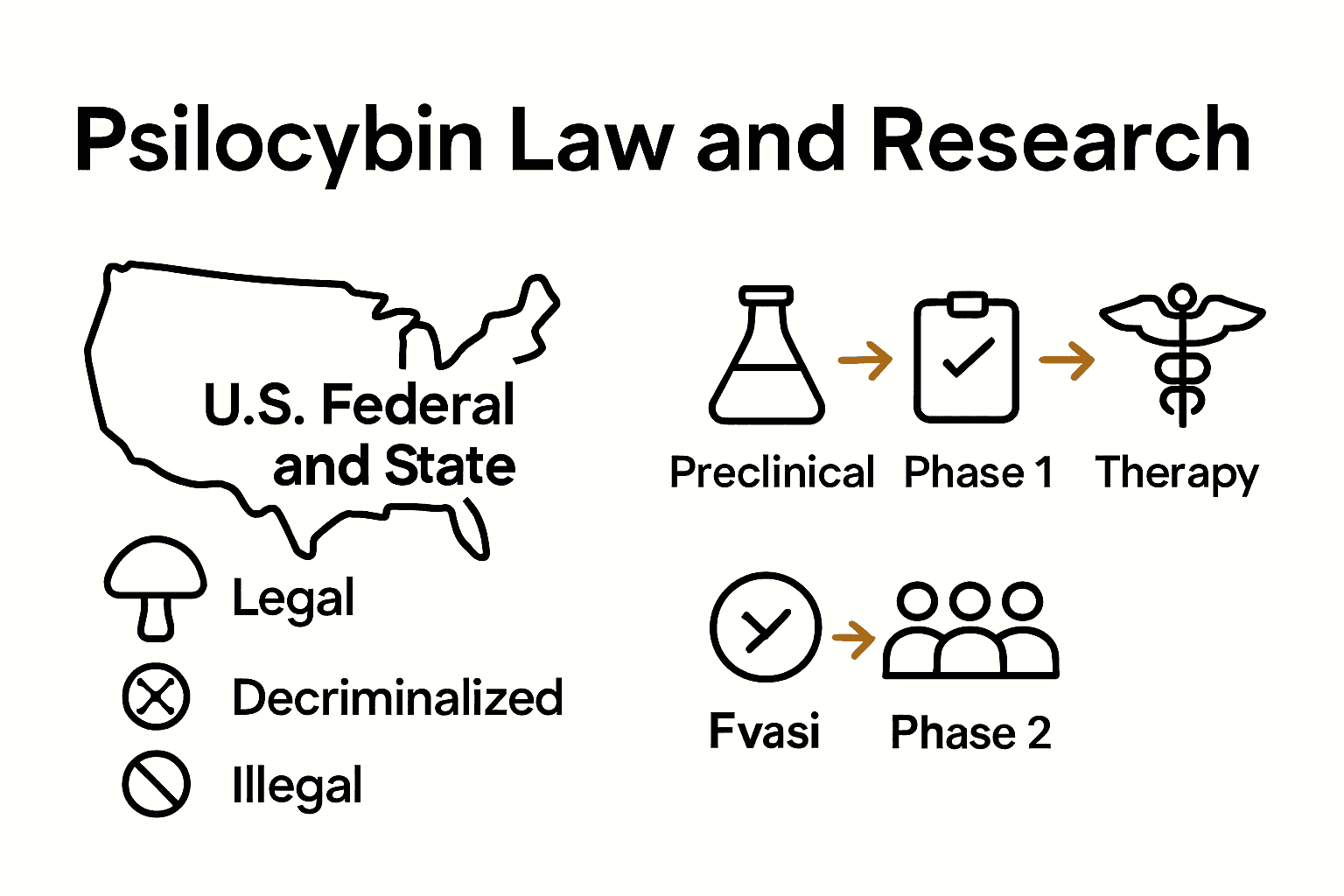 Infographic compares U.S. legal status with psilocybin research process steps.