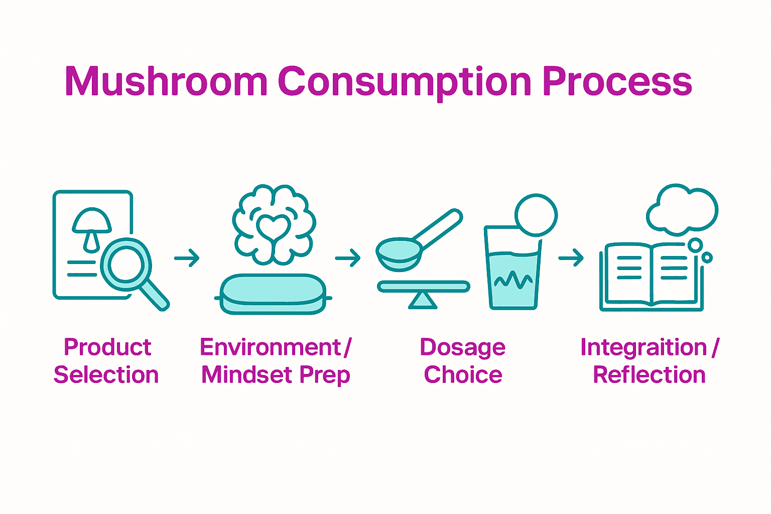 Five-step infographic for safe psychedelic mushroom use process.