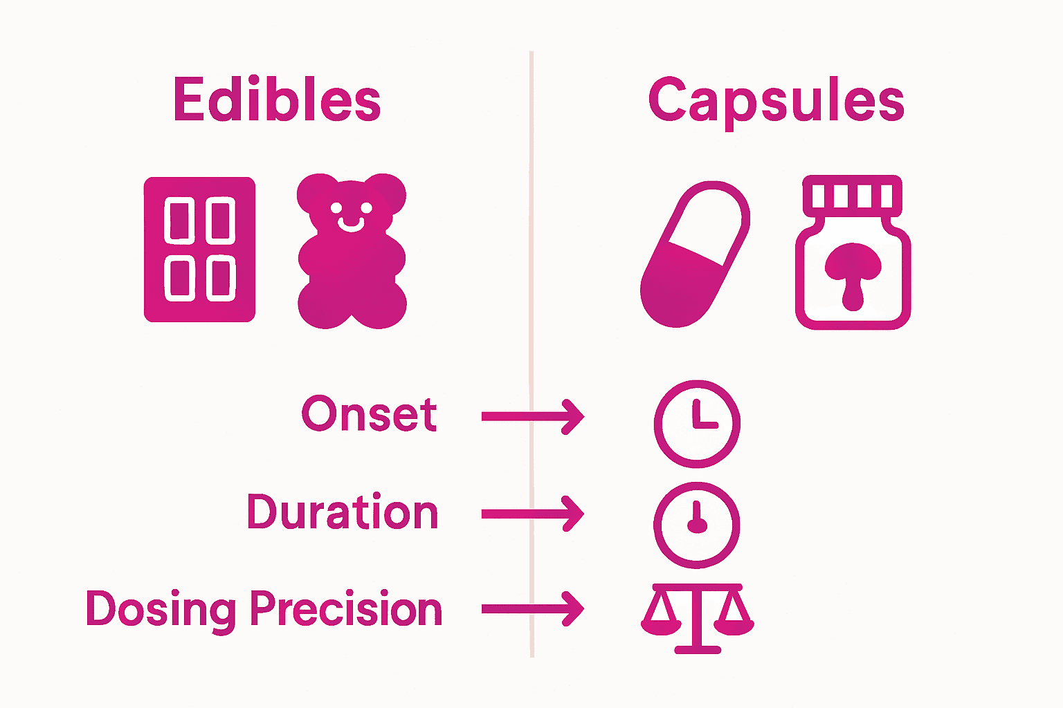 Infographic comparing mushroom edibles and capsules in timing and precision.