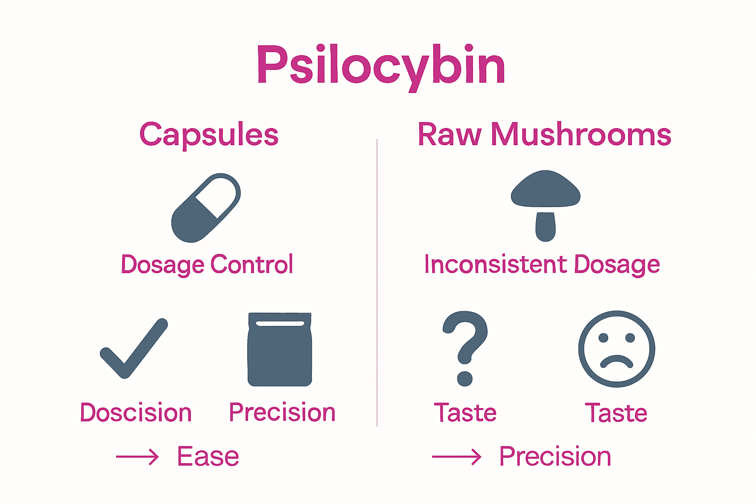 Infographic comparing psilocybin capsules with raw mushroom use, highlighting dose precision and taste benefits.