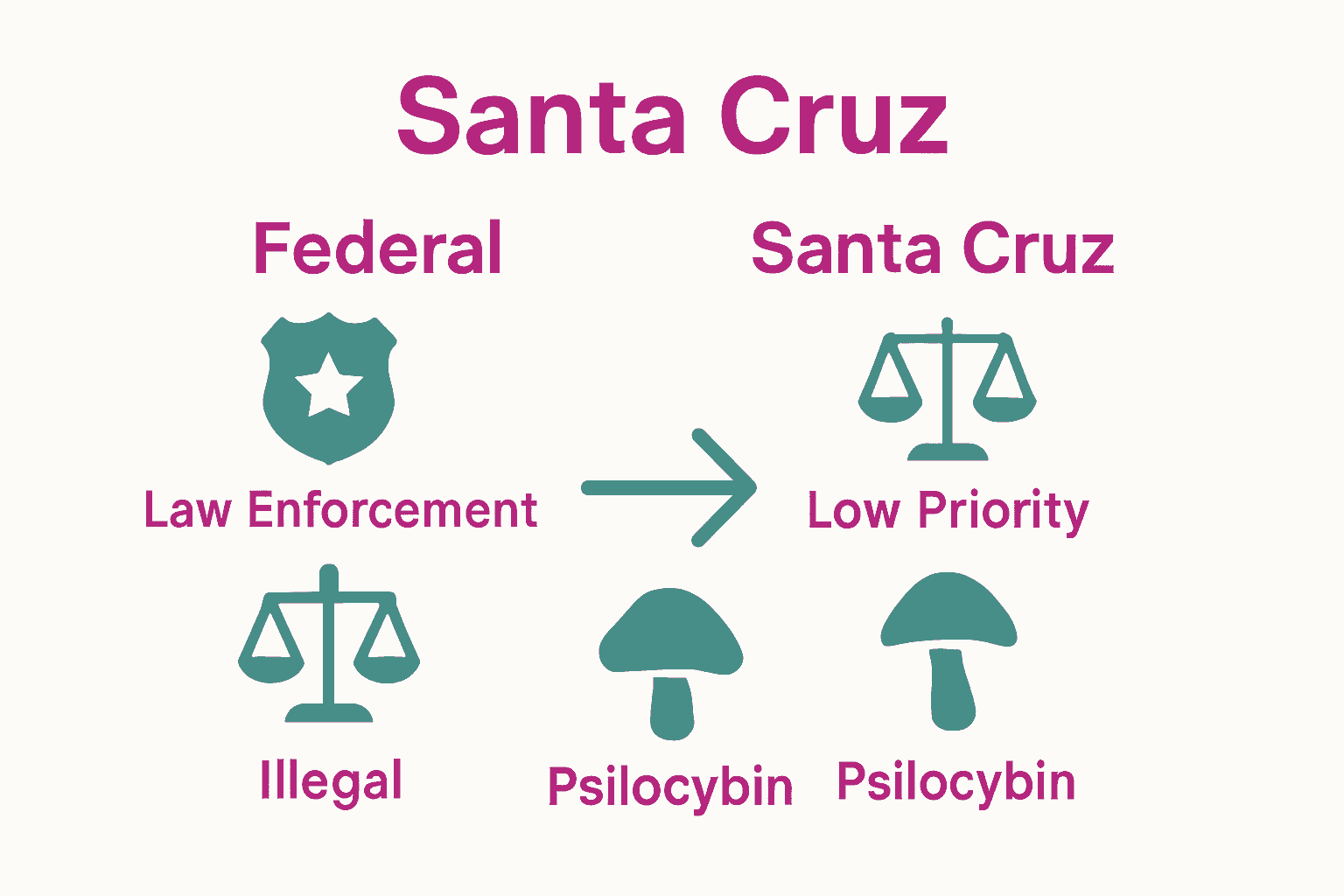 Infographic comparing Santa Cruz psilocybin laws versus federal laws