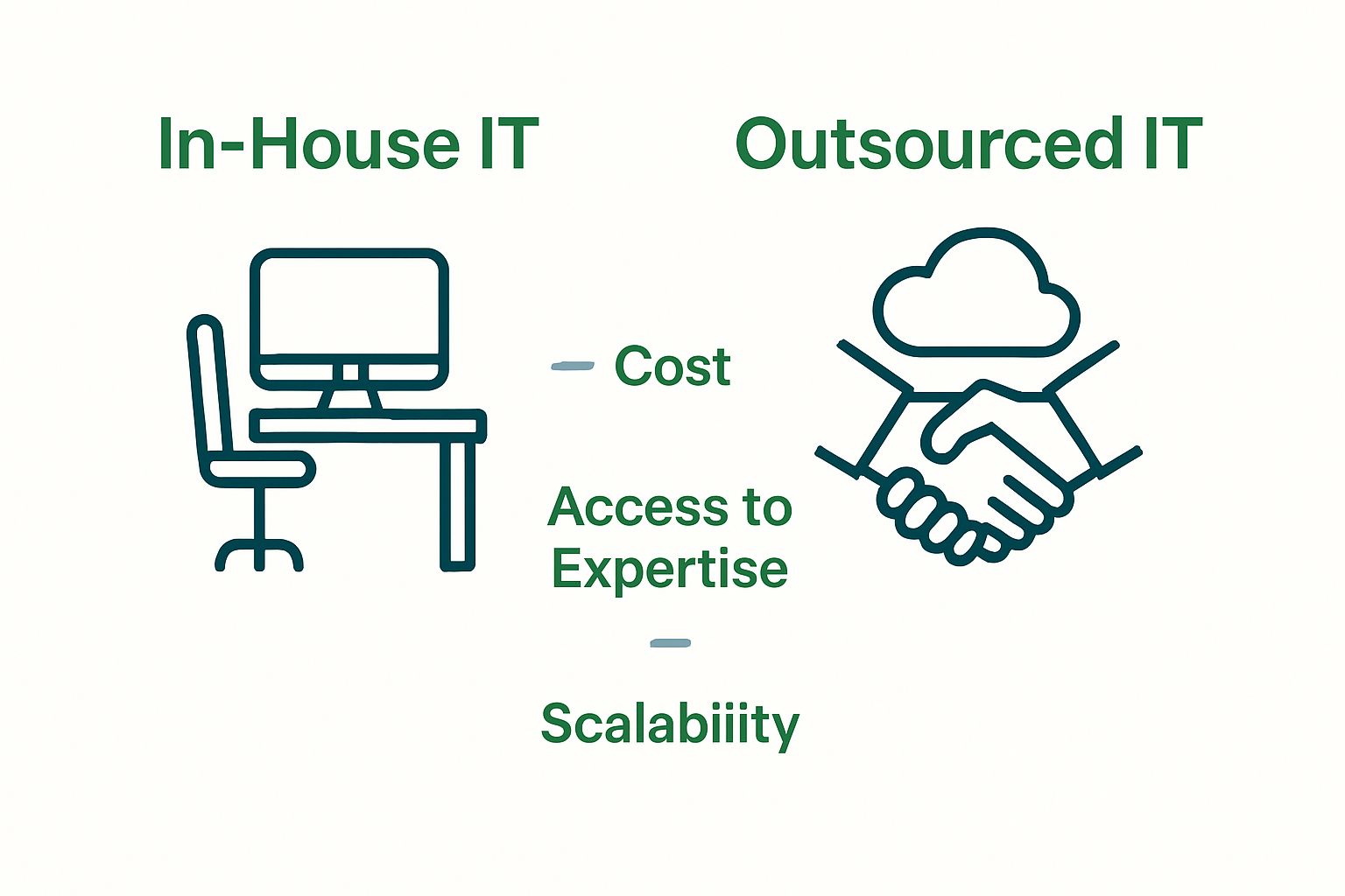 Simple infographic comparing in-house IT vs. outsourced IT