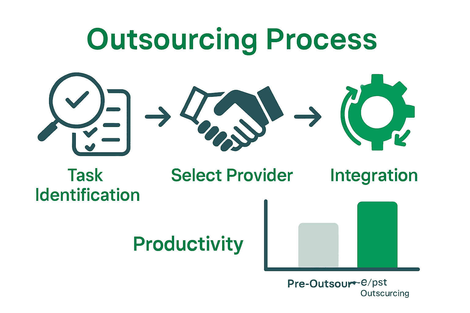Three-step outsourcing process with task, provider, workflow icons