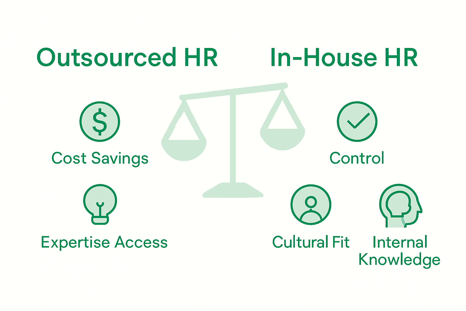 Infographic comparing outsourced HR with in-house HR management using icons for cost, expertise, control, and scalability.