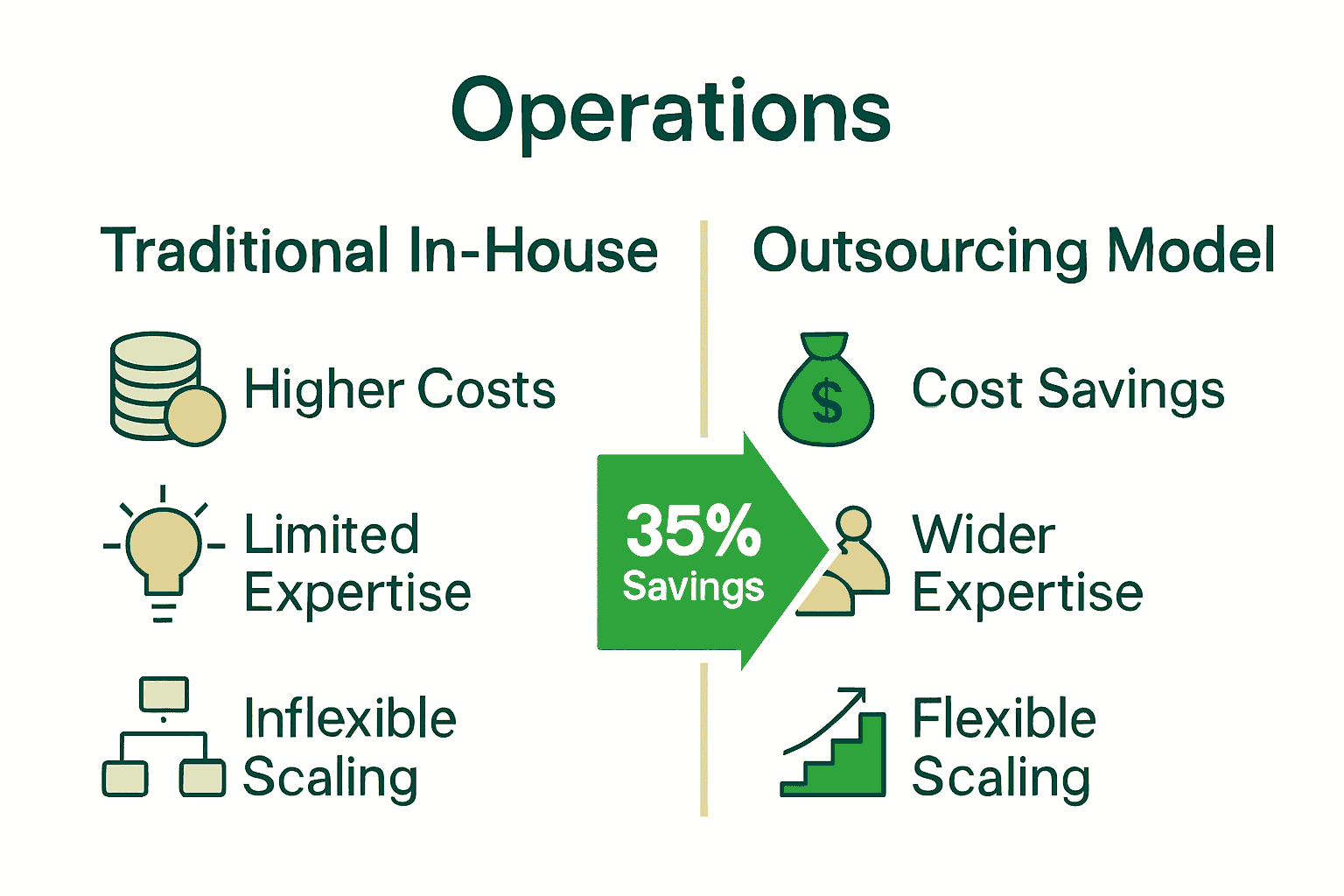 Side-by-side infographic comparing in-house and outsourcing business models