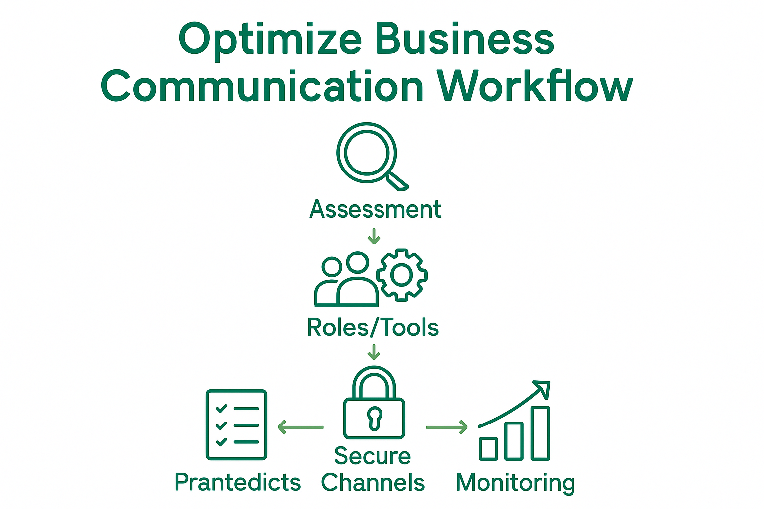 Infographic of five steps to optimize business communication workflow using simple icons and arrows.
